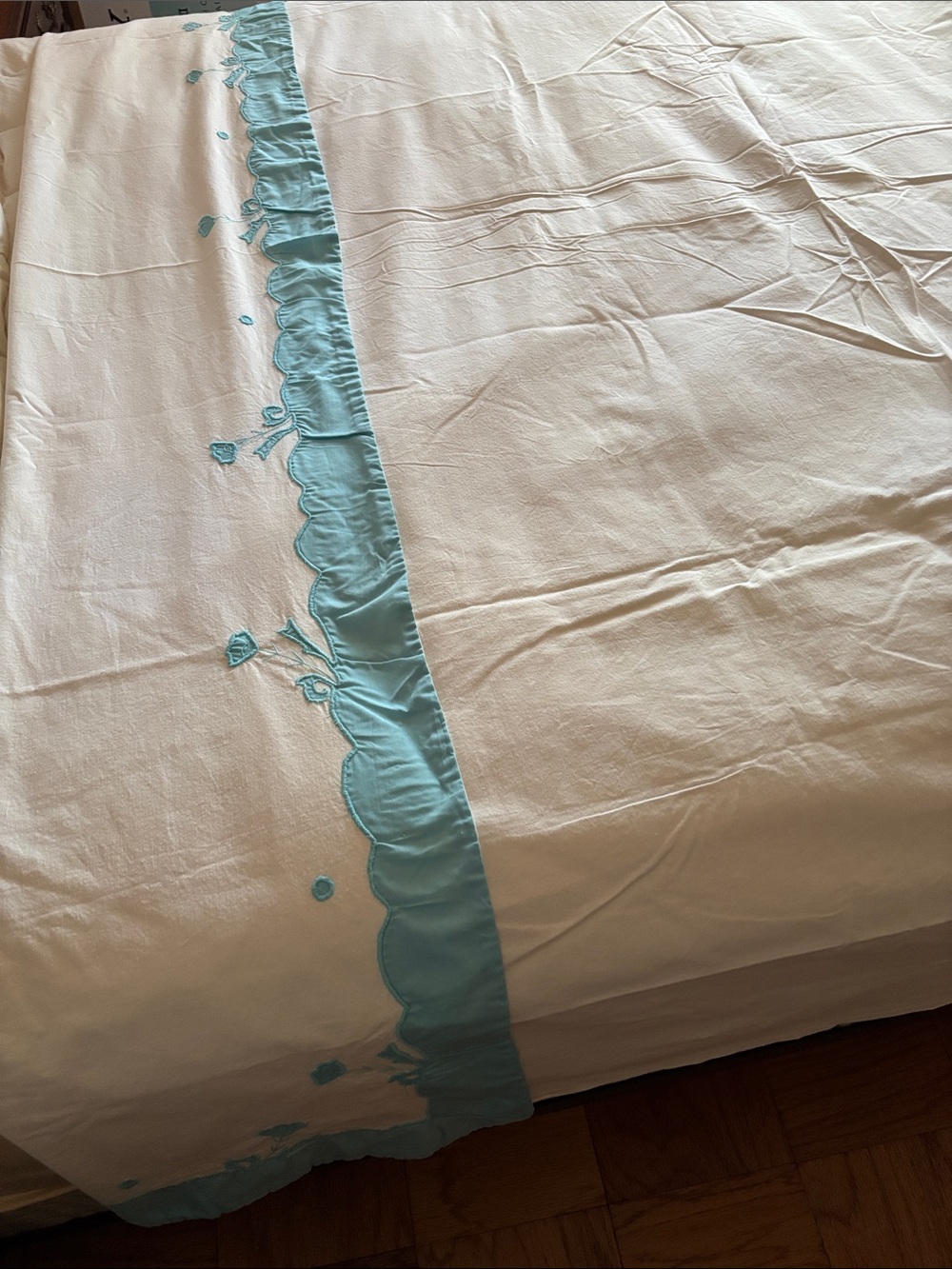 Vintage Hand Made Embroidered Cotton Queen Top Sheet, Teal & White